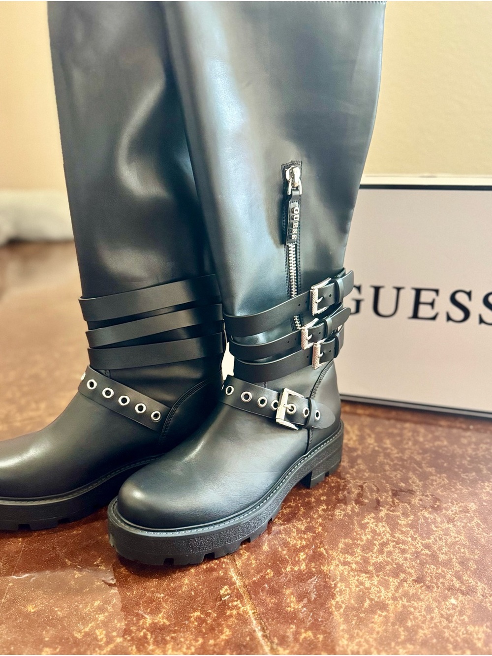 GUESS Black Leather Strapped Lug Sole Knee Boots